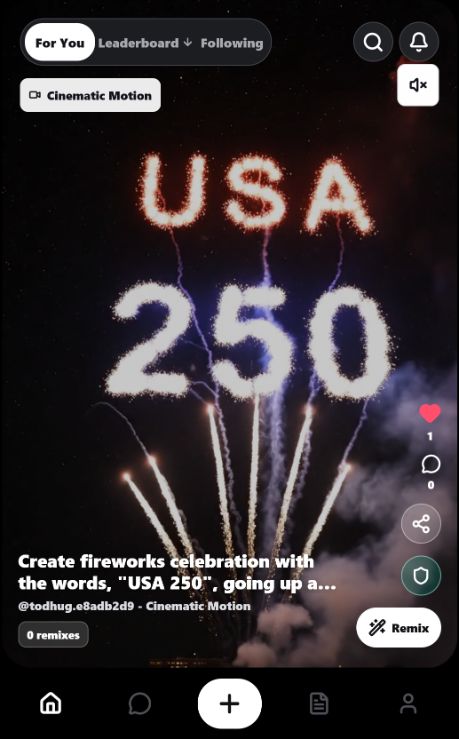 GenLoop running on an iPhone with an AI-generated fireworks video in the social feed